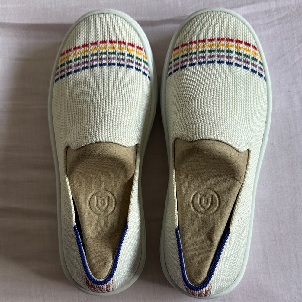 Rothy's Cream Slip-On with Rainbow Stripes